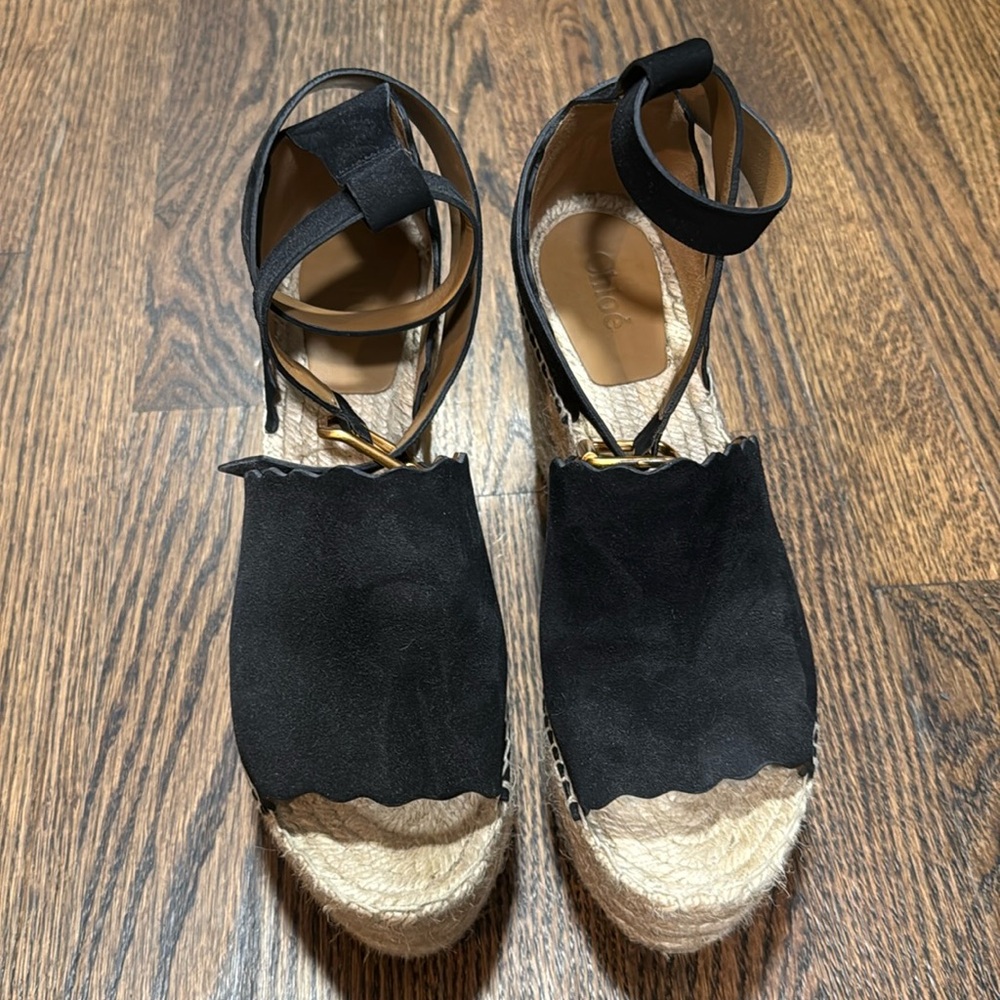 Chloe Espadrilles Black Suede Scallop Size 38 (8)